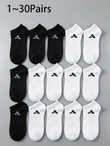 1-30 Pairs Black & White Unisex Thin Invisible Low Vamp Boat Socks, Moisture-Wicking Contrast Color Sports Casual Short Socks, Odor-Resistant Mid-Calf Socks For Spring/Summer, Suitable For Commuting, Students - Black and White - View 1