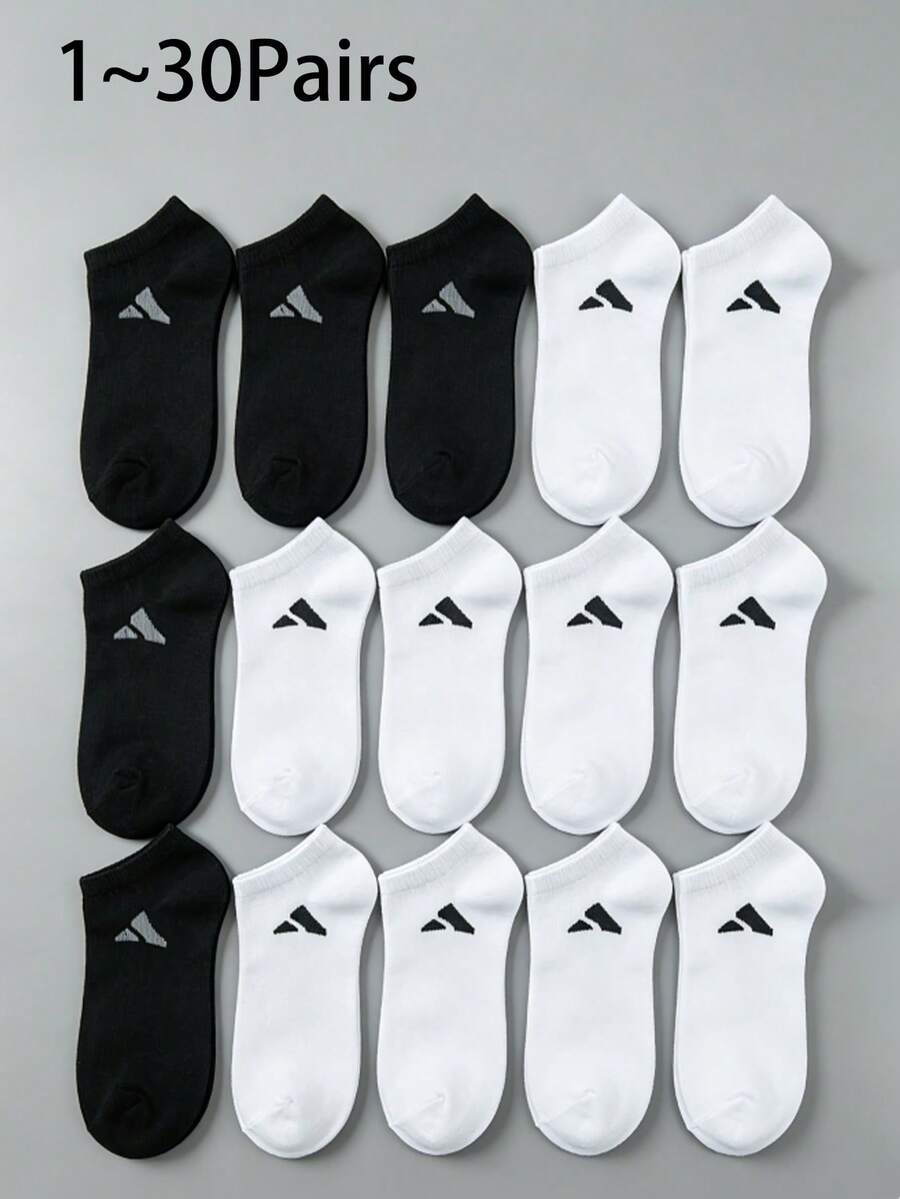 1-30 Pairs Black & White Unisex Thin Invisible Low Vamp Boat Socks, Moisture-Wicking Contrast Color Sports Casual Short Socks, Odor-Resistant Mid-Calf Socks For Spring/Summer, Suitable For Commuting, Students - Black and White - View 1