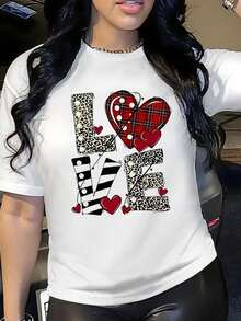Graduation Gift Top Women's Chic LOVE Graphic Print Short Sleeve T-Shirt Casual Round Neck Drop Shoulder Top With Leopard And Plaid Designs. Oversize Coquette Vintage Y2K Streetwear Pal - 白色的 - 查看 1