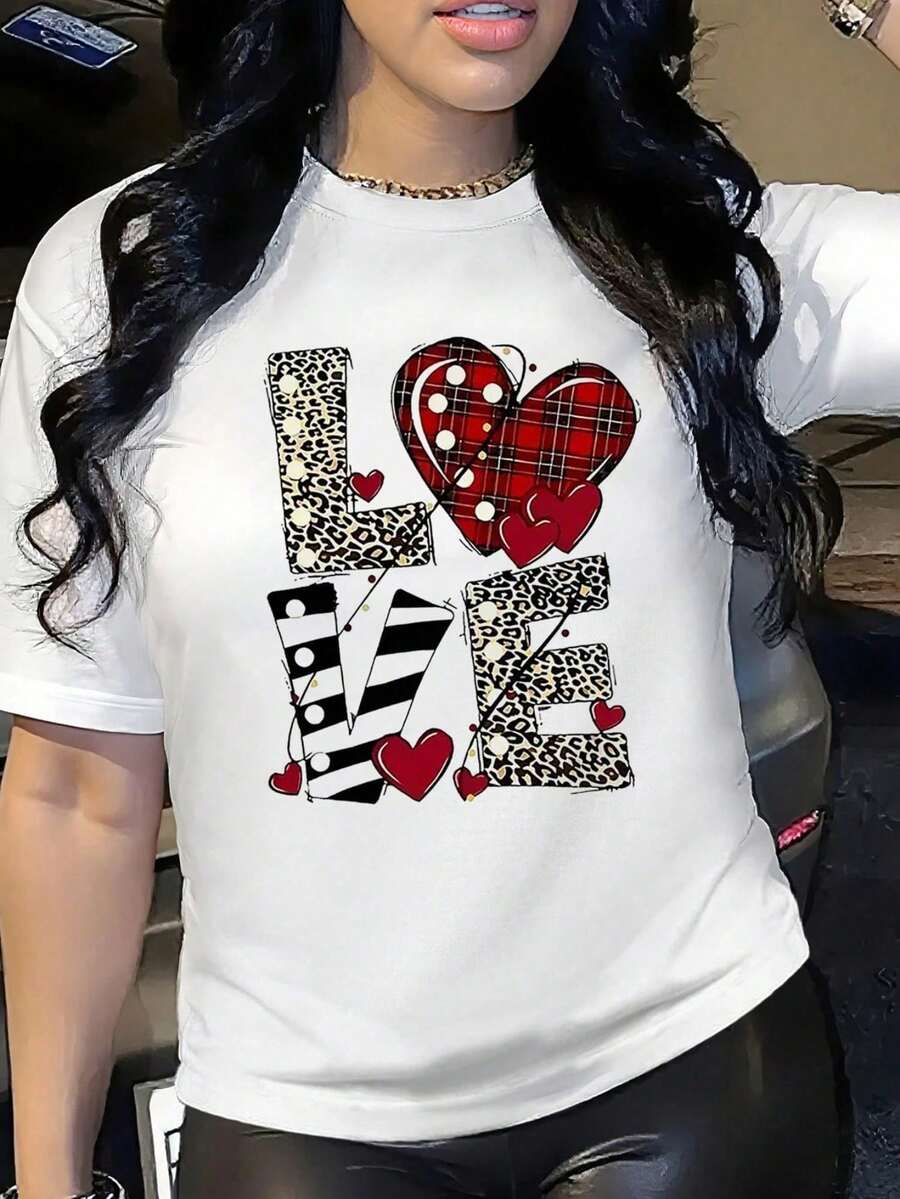 Graduation Gift Top Women's Chic LOVE Graphic Print Short Sleeve T-Shirt Casual Round Neck Drop Shoulder Top With Leopard And Plaid Designs. Oversize Coquette Vintage Y2K Streetwear Pal - 白色的 - 查看 1
