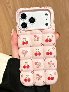 1pc, Summer Pink Cherry Blossom Flower Phone Case, Puff Air Cushion Shockproof Soft Shell With Matching Flower Lanyard, Compatible With IPhone 17/16/15/14/13/12/11 Pro Max, Girly Ins Style Phone Protective Cover, Same Style - Pink - View 4