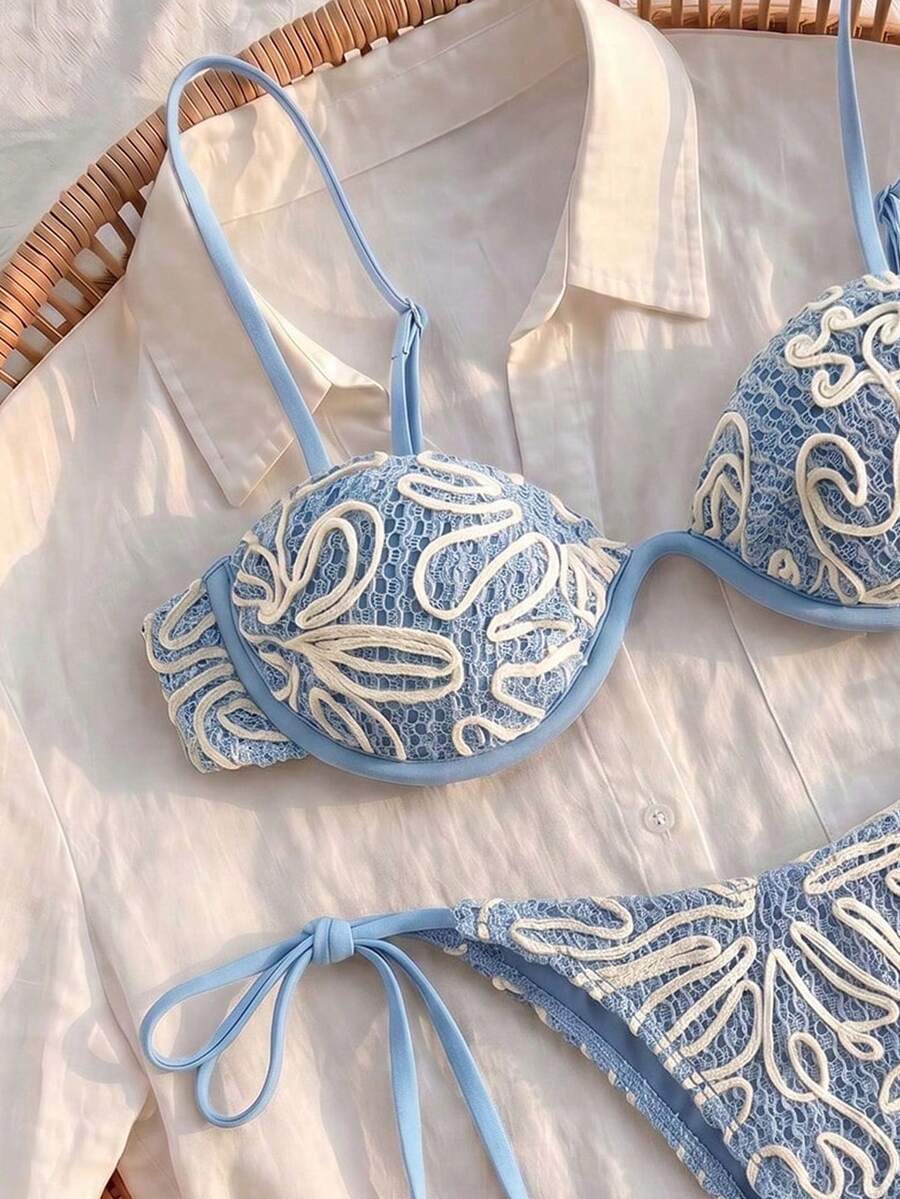 Set Bikini Rajut Bordir Wanita, Dengan Lapisan Bra dan Bawahan Ikat Samping, Untuk Tampilan Pantai Modis Liburan Musim Panas, Gaya Boho Chic - Dusty Blue - View 1