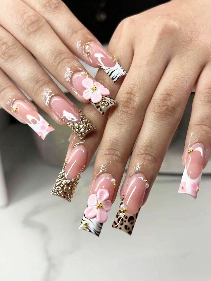 24片 3D長方形穿戴甲 粉色豹紋 3D花朵 全滿鑽 甜酷辣妹風 假指甲 適用日常通勤約會派對 通用款,含指甲锉 + 果凍膠 - 粉色 - 查看 1