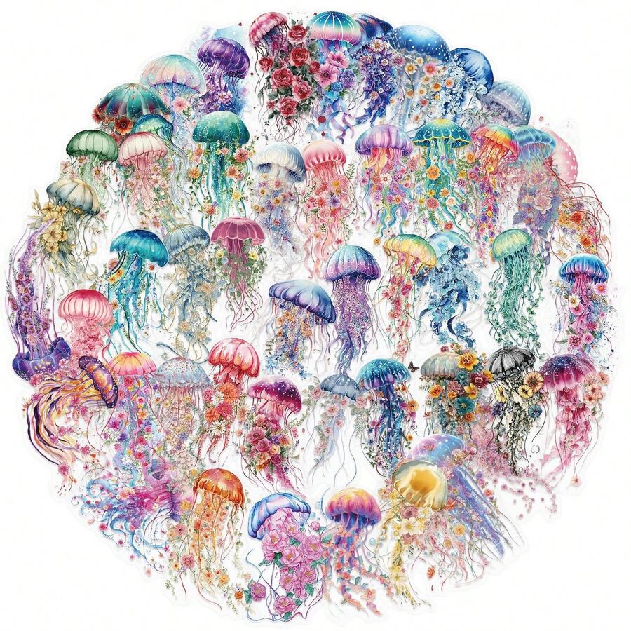 50張透明水母貼紙，海洋貼紙，海洋動物貼紙，透明貼紙，海灘貼紙，PET防水貼紙，適用於水瓶、電腦、筆記型電腦、手機、行李箱、筆記本、冰箱