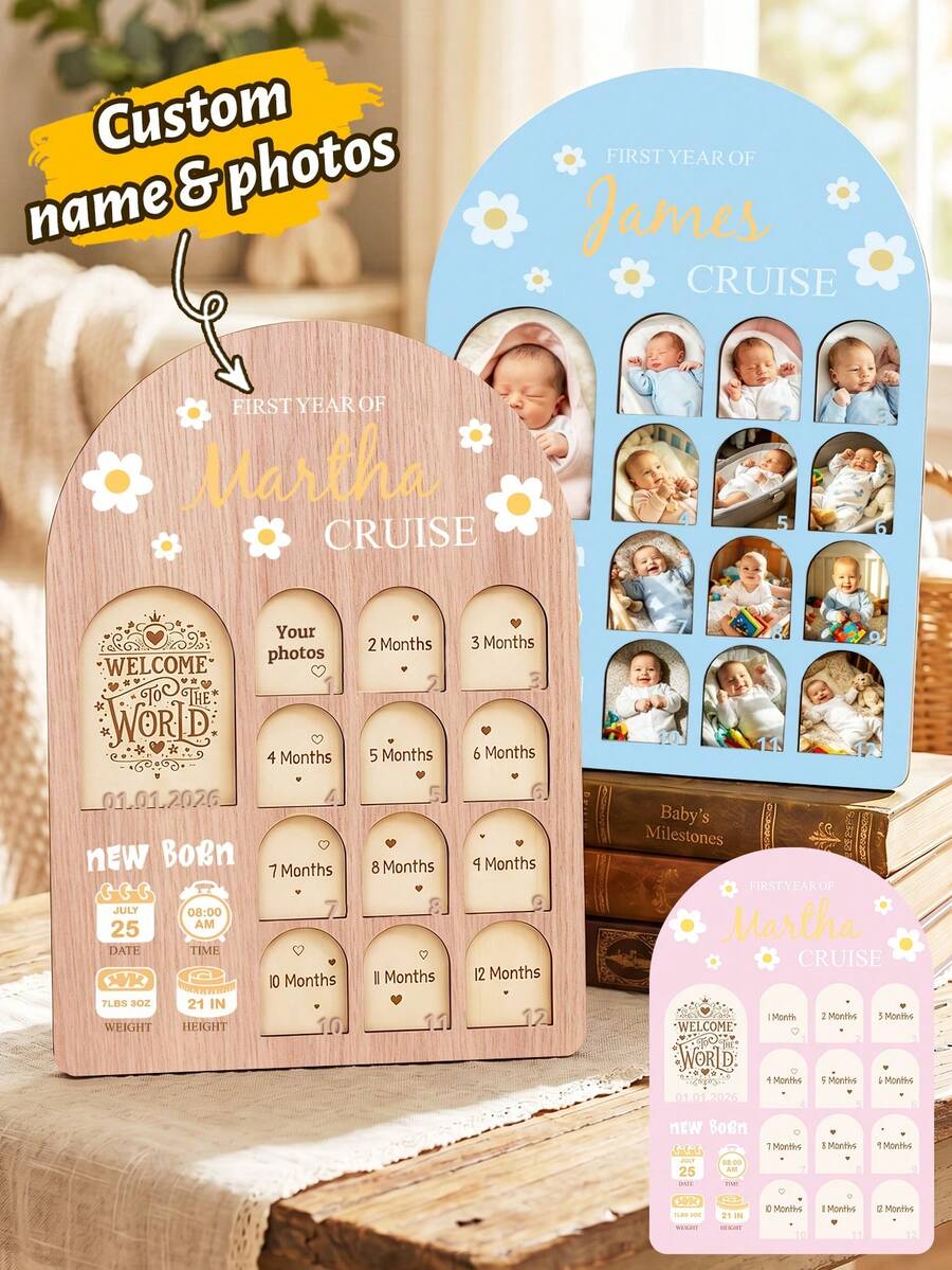 Personalized Wooden Milestone Cards,Custom Photo Milestone Cards, Wall-Mounted Decor, Customized, Nature-Inspired Wall Decor, Customizable Family Gift - Style D - View 1