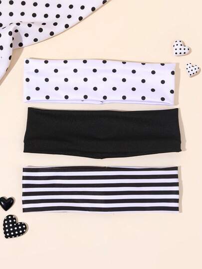 3pcs Black And White Girls Headbands, Fashionable Sports Style Soft Elastic Headbands, Polka Dot/Striped Yoga Headbands, French Vintage Style Black And White Headbands, Fashionable Daily Non-Slip Headbands, Student Sports Sweat-Absorbing Headbands, Teen Hair Accessories