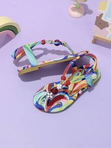 1 Pair Girls Rainbow Print Thong Flat Sandals With Pearl & Rhinestone Decor, Slip-On Design For Daily Wear - Multicolor - View 7