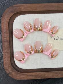 10pcs/Set Y2K Nails Handmade, Cute Nails, Pink Nails, Pink French Tip Nails, Gold Rhinestone Nails Art, Perfect For Parties & Daily Wear. Short Square Nails. Handmade Press On Nails Square, Fake Nails, Handmade Acrylic Nails, Short Nails, Summer Nail - Multicolor - View 10