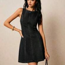 xuehuamaoyi02  Vestido de mezclilla casual de mujer sin mangas, cuello redondo, espalda descubierta y con lazo - Negro01 - Ver 1