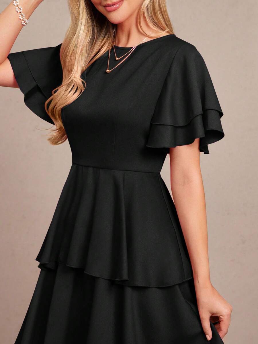 Vestido de mujer de unicolor con cuello redondo, dobladillo con volantes y capas - Negro - Ver 1