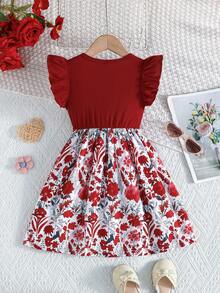 Đầm casual dễ thương tay bèo cổ tròn thắt nơ họa tiết hoa và rừng cho bé gái, thích hợp mặc ngoài trời. - Gỗ đỏ - Xem 3
