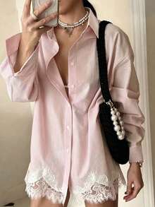 Loose-Fitting Blouse With Pale Blue Striped Lace Patches - 羅莎 - 查看 1