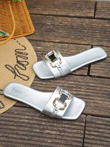 1 Pair Plus Size Double Ring Black Buckle Square Toe Women's Low Heel Flat Sandals Silver Sandals Silver Slippers Elegant Women's Sandals Vacation Style Summer Sandals Suitable For Daily Indoor Outdoor Casual Shopping Vacation Travel Silver Slippers Versatile Women's Shoes - Silver - View 7