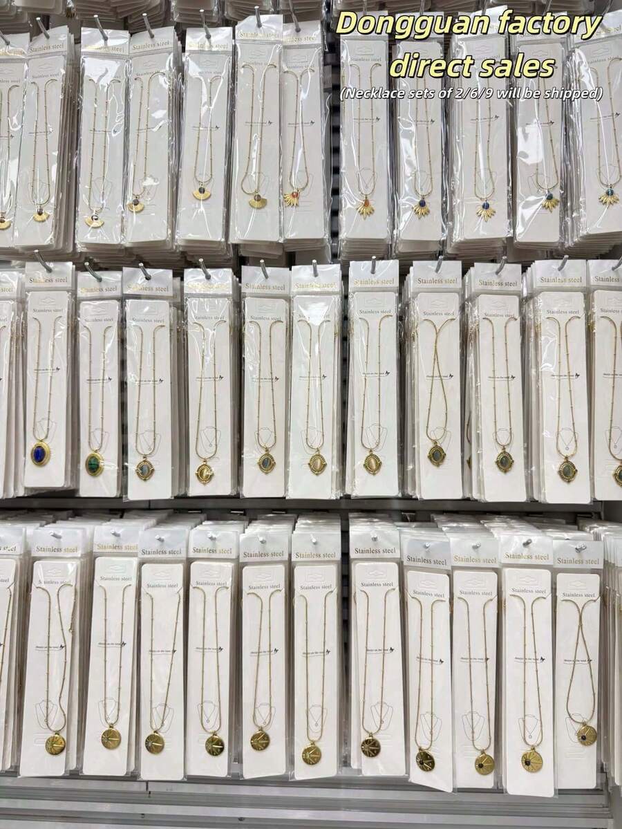 隨機 2/6/9 顆珠飾女款精緻吊墜項鍊 - 東莞工廠直供,多款鍍金不鏽鋼項鍊配寶石與硬幣吊墜,工廠直供批發大包裝,低敏極簡主義珠寶,適合日常配戴、疊戴與送禮 - 精緻項鍊套裝 - 查看 1