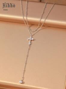 Hihho 1pc Elegant Double Layer Cross Zirconia Y-Shaped Long Necklace, Vintage Religious Cross Pendant, Cubic Zirconia Metal Chain Necklace, Suitable For Women's Daily Wear And Gatherings (Bead Spacing And Quantity On Chain Are Random) - Cross Y-shaped Chain - View 9