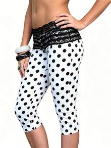 Womens Lace Trim Plain 3/4 Leggings Gym Stretch Capri Cropped Jogging Pants - White - View 6