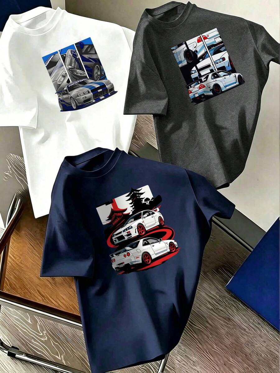 3件裝男童寬鬆圓領T恤,經典賽車塔圖案印花,休閒夏季日常穿著 - 彩色 - 查看 1