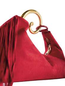 Rollcall A Fashionable Burgundy Velvet Tassel Handbag For Women, With A Golden Spiral Hook, Very Suitable For Attending Evening Parties And Social Occasions. - Red - View 6
