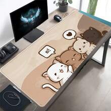 1pc Adorable Cat Group Extended Desk Mat - Neutral Brown Aesthetic, Anti-Slip & Stitched Edge, Keyboard Pad - View 2