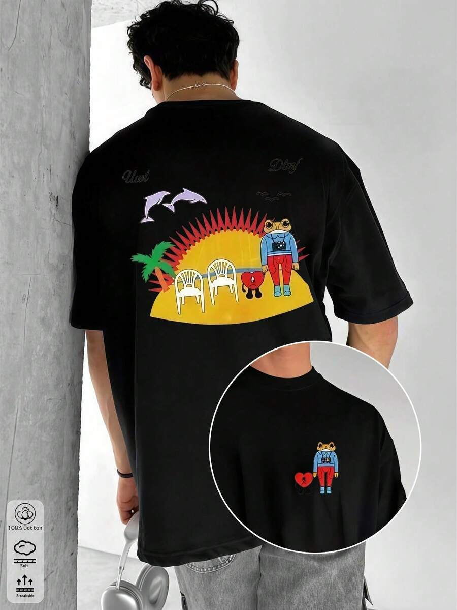 1pc,-Men's 100% Cotton Puerto Rican Bunny Print T-Shirt DtMF Custom Made, Summer Clothing, Plus Size Summer Top, K-Series, Cotton Top, Ab - 黑色 - 查看 1