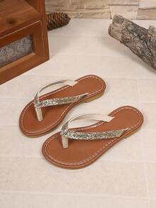 1 Pair Gold Glitter Toe-Post Flat Flip-Flops, Shiny PU Material, Round Toe Open-Toe Soft Sole Non-Slip Slip-On Design, Fashionable Minimalist Beach Sandals, Suitable For Daily Wear, Vacation, Beach Outings, Spring/Summer New Style - Gold - View 4