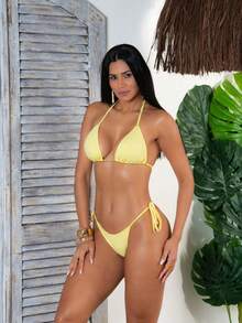 String Bikini With Tie-Side Bottom, Double-String Polyamide Fabric. - Yellow - View 2