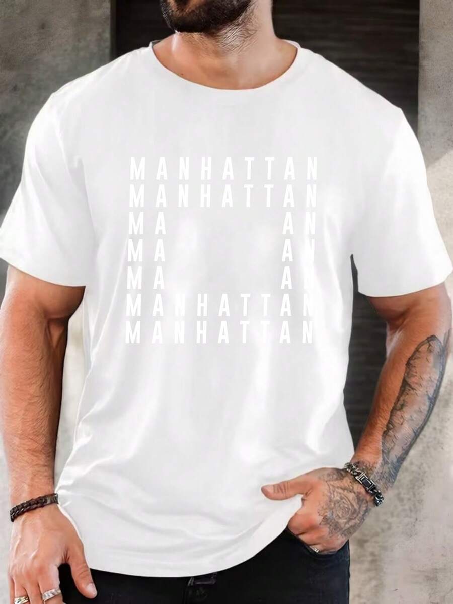T-shirt casual de manga curta com estampado gráfico para homem, estampado de letras Manhattan, em algodão macio, presente de Natal e Ano Novo para ele - Branco - Ver 1