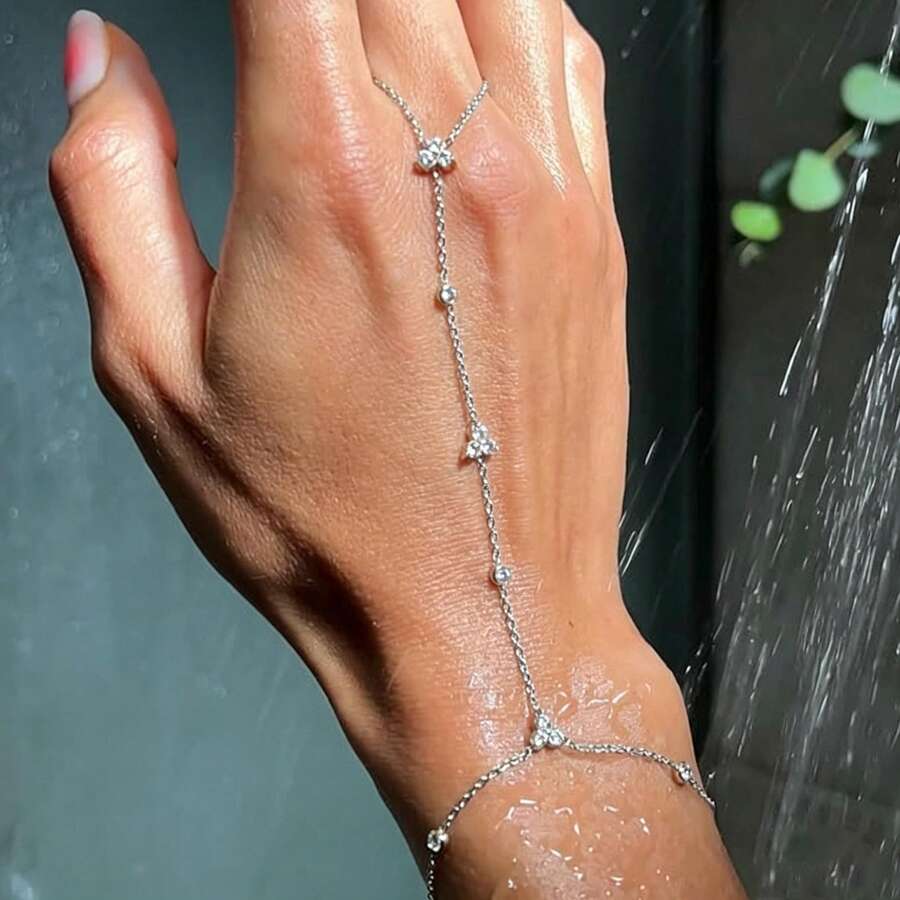 1pc Minimalist Hand Chain, Shiny Metal Jewelry Fashion Hand Accessory For Bride, Wedding, Party - Silver - View 1