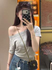 Women's Pink Short-Sleeved Shirt, New Summer Style, Unique Design, Luxurious Feel, Waist Ribbon Design, Pullover Top. - Grey - View 2