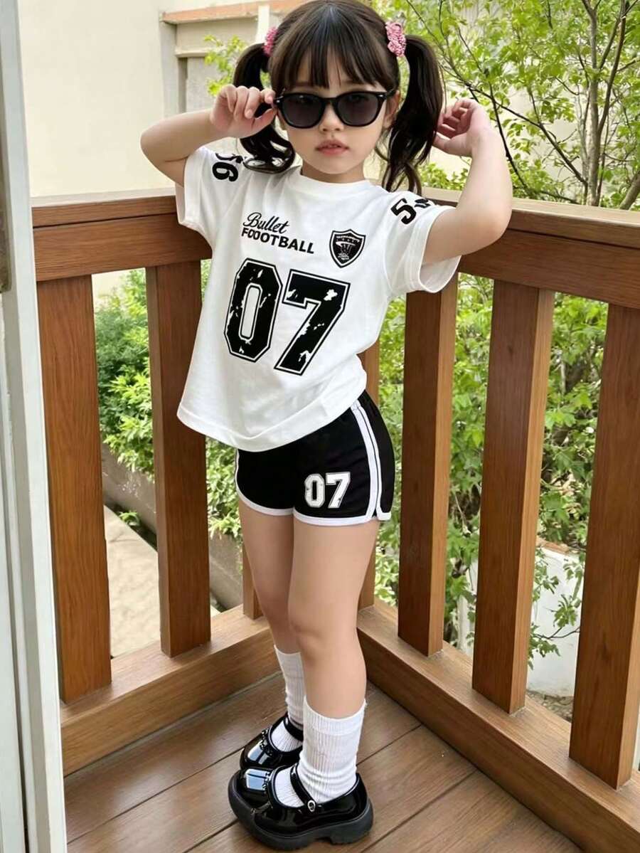 女童数字印花短袖T恤和短裤套装 - 白色 - 查看 1