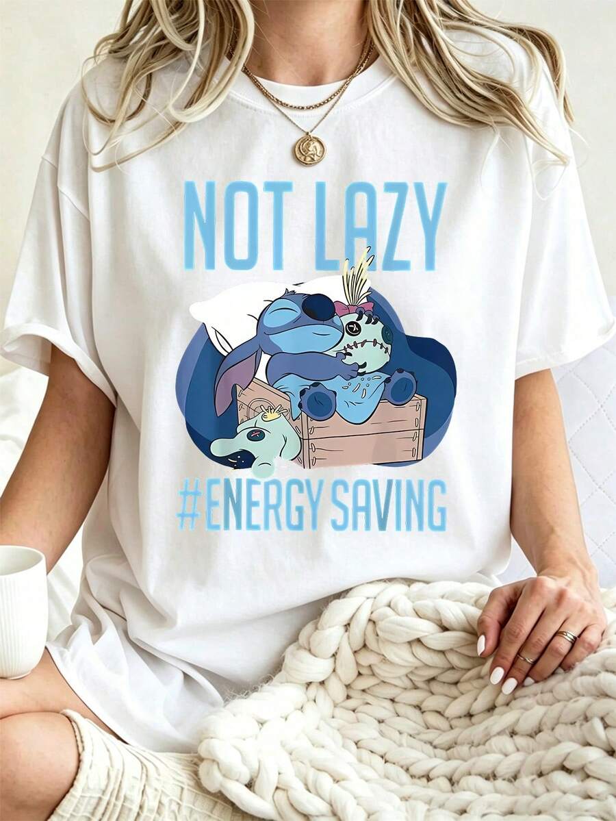 Vintage Style Disney Lilo & Stitch Funny Sleeping Stitch Graphic Tee Lightweight Cotton Cute Cartoon Casual Summer Outfit Short Sleeve T-Shirt - 白色 - 查看 1
