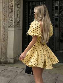 Yellow Polka Dot Mini Dress, Back Adjustable Strap, Cute Summer Dress With Short Ruffled Puff Sleeves, Beach Vacation Outfit Elegant - Yellow - View 6