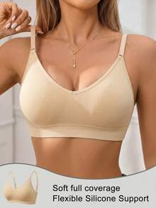 1 pièce Soutien-gorge de sport sans couture côtelé couleur chair pour femmes, bretelles spaghetti réglables, col en U avant et arrière, sans armature, coussinets amovibles, effet push-up, galbant et sculptant, ultra doux, respectueux de la peau, haute élasticité, anti-plissement, confortable, débardeur de fitness, convient pour l'entraînement en salle de sport, le yoga, le pilates, la course, le superposage quotidien, le sommeil à la maison et le port décontracté de rue - Nude - Voir 5
