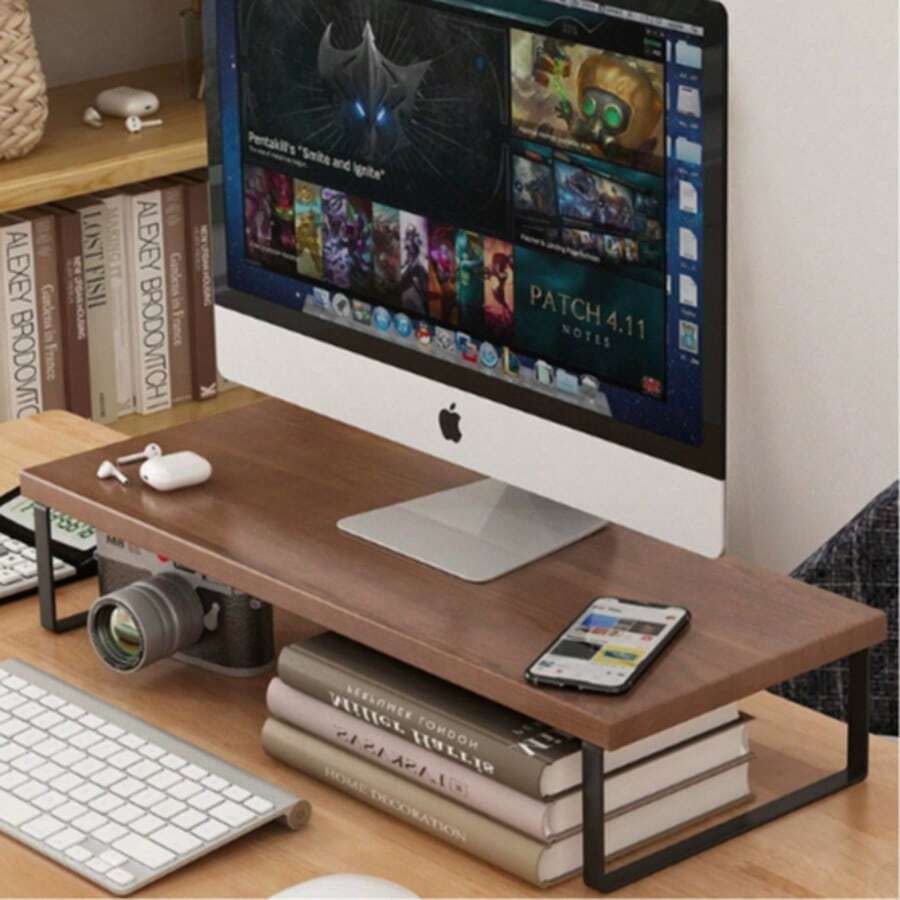 1pc Yellow Wooden Storage Rack Monitor Riser Stand Base Elevated Shelf Desktop Computer Riser Office Desktop Storage Rack - Brown - View 1