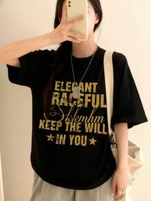 Made In Japan, Spring/Summer Cotton, Round Neck, Loose Fit, Versatile, Simple, English Print Short-Sleeve T-Shirt - Black - View 1