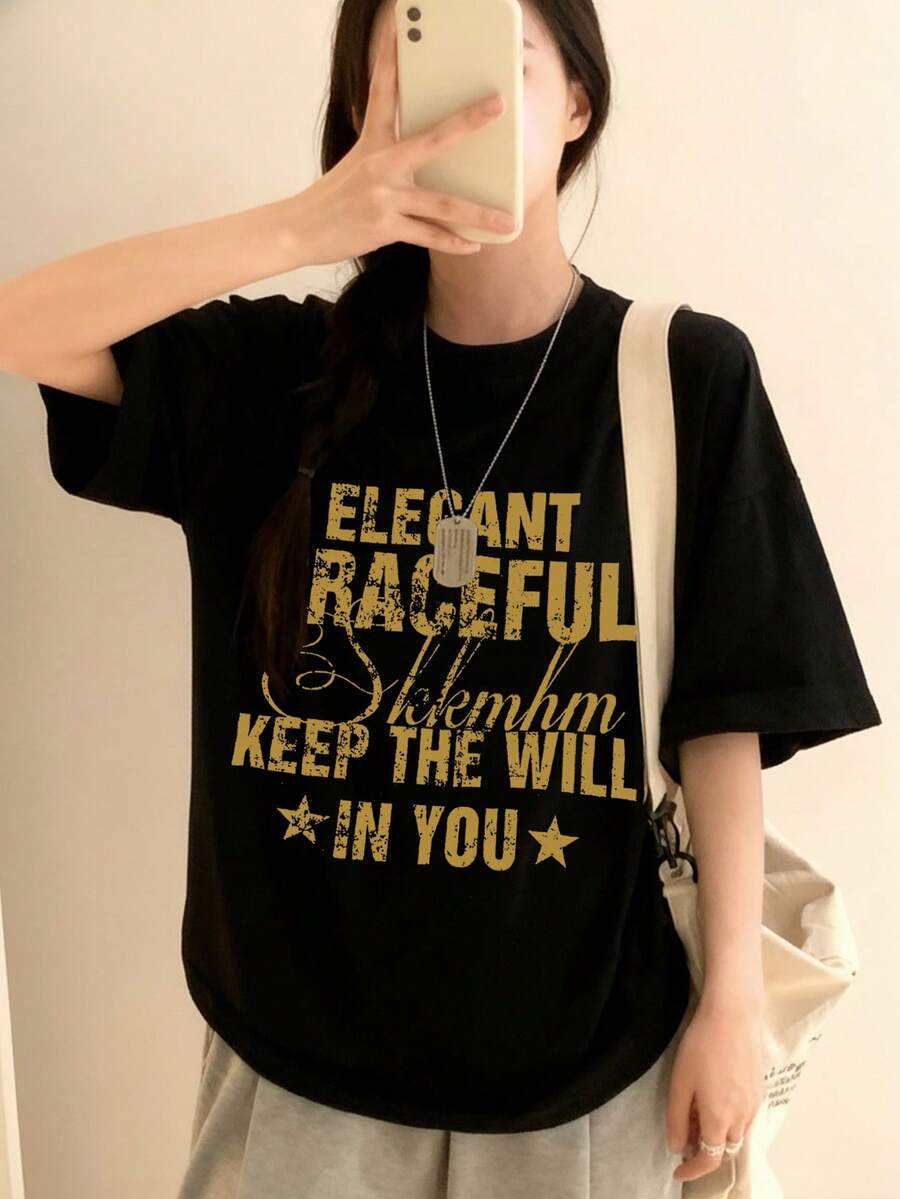 Made In Japan, Spring/Summer Cotton, Round Neck, Loose Fit, Versatile, Simple, English Print Short-Sleeve T-Shirt - Black - View 1