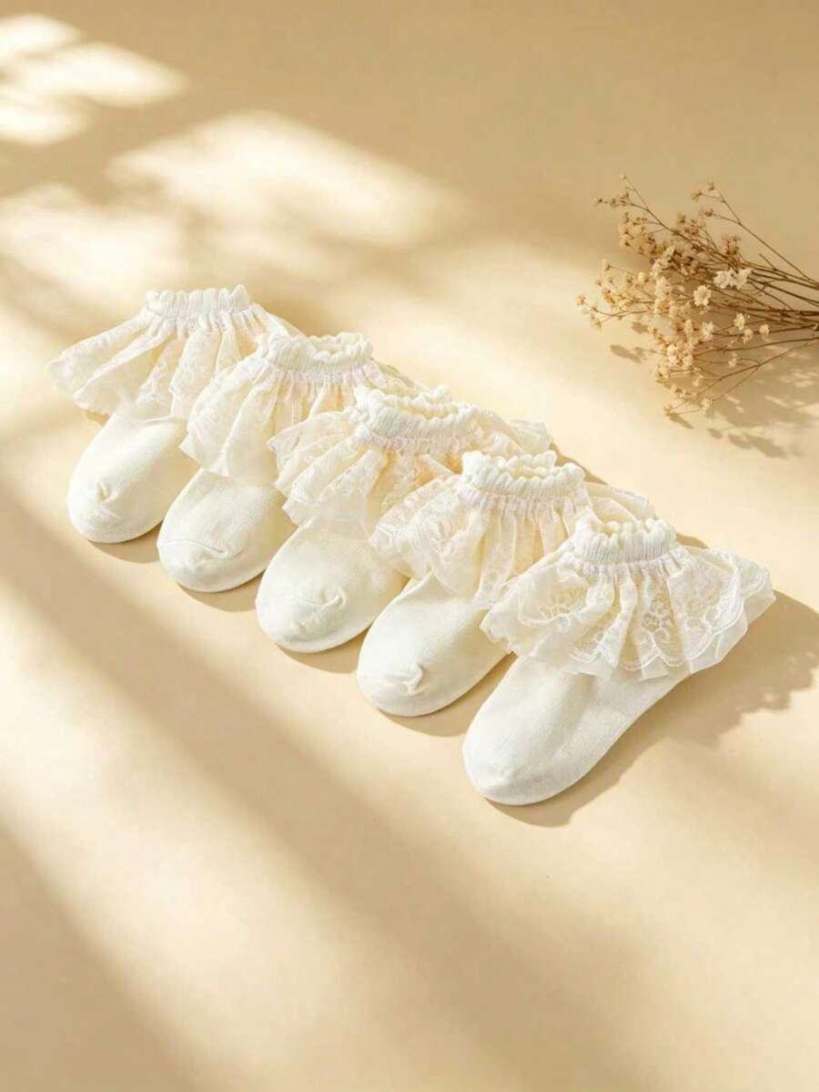 5 Pairs Girls' Casual Ruffled Lace Trim Socks, Breathable Lace Trim Socks, Princess Style, Suitable For Daily Wear/Valentine's Day Outfit, Spring/Summer - Beige - View 1