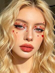 Red Heart-Shaped 3D Glittery Face Gems Y2K Self-Adhesive Rhinestones, DIY Concert Disco Party Shiny Rhinestone Face Decor - 紅色 - 查看 2