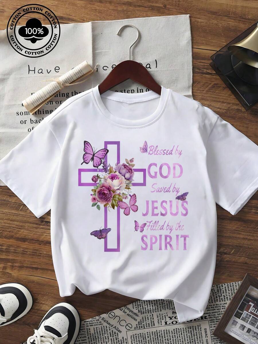 Tricou unisex casual cu mânecă scurtă, imprimeu grafic religios "Blessed By God", cu cruce, fluture și motive florale, croială largă, top de vară - alb - Vizualizare 1