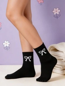 1/5 Pairs Women's Mid-Calf Socks, Bowknot Pattern For Versatile Style, Breathable And Not Stuffy - Multicolor - View 7