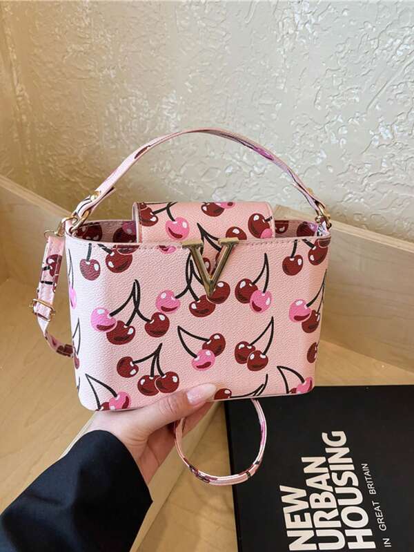 Women's Cute Cherry New Style Versatile Bucket Bag, Niche Commuter Shoulder Crossbody Bag, Fashionable Shopping Handbag
