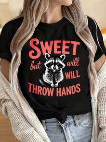 Camisetas para Mujer y Hombre con Cuello Redondo y Mangas Cortas, Camiseta con Estampado Gráfico de Mapache Adorable, Top Casual de Moda para Mujer, Camiseta con Estampado de Animal Bonito p - Negro - Ver 1