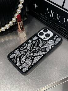 1pc Black & White Lightning Mirror Rhinestone Skin-Feel Spray Painted Phone Case Compatible With 17promax/16plus/15pro/14/13 - Black and White - View 7