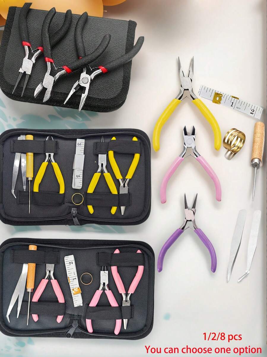 1/2/8件組 DIY 高階工具組,含3種鉗子、2把鑷子、1把錐子、1個開口環及1把捲尺,適合初學者與專家,居家必備,可選購 - 彩色 - 查看 1