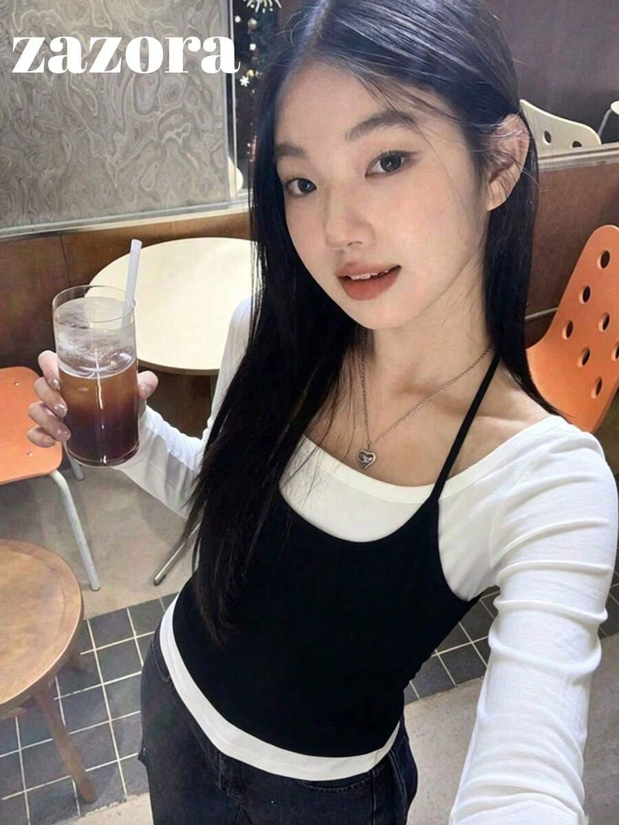 韓式極簡層次感掛脖背心與長袖T恤套裝,秋季 - 長袖+吊帶 - 查看 1