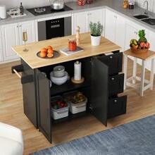 طاولة مطبخ متنقلة كبيرة L135*W44(70)*H90cm، سطح من خشب البلوط، قابلة للطي، أثاث متعدد الوظائف، 3 أدراج، رف للمناشف، مثالية للمطبخ وغرفة الطعام والمنزل - الأسود - مشاهدة 4