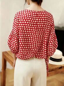Floral Print Loose Fit Round Neck Drawstring Waist Short Sleeve Pullover Top - Relaxed Fit, Polyester, Floral Design Vacation Summer - Red - View 5