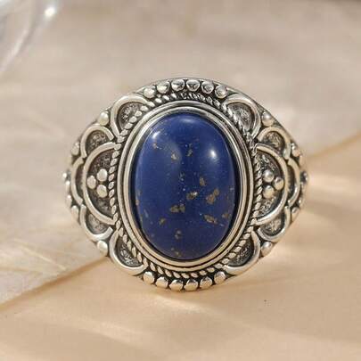 1pc Vintage Bohemian Style Blue Geometric Hand-Carved Ring, Suitable For Women's Daily Wear, Festivals Or Vacations, Fashionable Accessory And Great Holiday Gift