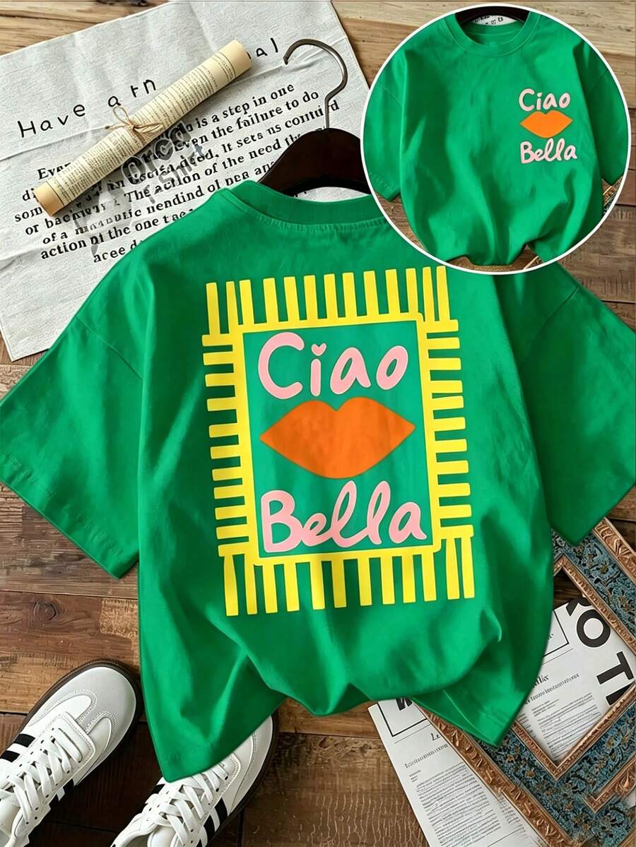 Women's Green Cotton Short Sleeve Round Neck T-Shirt With Ciao Bella Lip Print, Casual And Cute Regular Fit Top - 綠色 - 查看 1