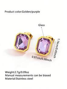 VceTd 1 Pair Fashionable Multi-Color Square Glass Design Stainless Steel Women's Stud Earrings Suitable For Daily Wear/Holiday Gift - Yellow Gold - View 11